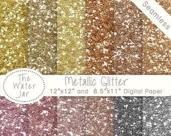 Digital Glitter Paper Pack, Seamless Metallic Glitter Printable Paper in Gold, Silver, Rose Gold, Copper, Bronze and Brass, Glittery Texture