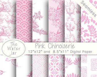 Pink Chinoiserie Digital papers, Commercial Use, China Pink Scrapbook Wallpaper with Chinese Patterns, Pink China Seamless Pattern Designs