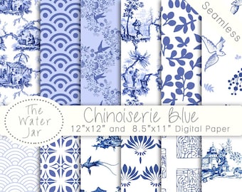 Chinoiserie China Blue Digital papers, Chinoiserie Scrapbook Wallpaper, Chinese Patterns, Seamless Patterns, Blue, White, repeating Pattern