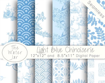 Printable Blue Chinoiserie Digital Paper Pack, Chinoiserie Wallpaper Designs, China Baby Blue Chinese Seamless Patterns, Digital Background