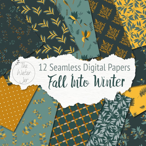 Fall Into Winter Digital Paper Pack in Contemporary Dark Shades with pops of Fall Mustard Hues, Seamless Wallpaper Design for Commercial Use