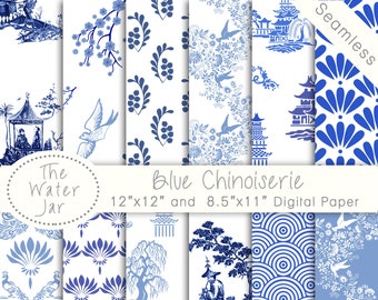 12 Chinoiserie Digital Wallpapers, China Blue Digital paper pack, Dollhouse Chinese Patterns, Seamless Pattern Designs, Blue and White