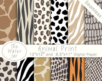 Animal Print Digital Paper Pack, Seamless Animal Print Designs for Commercial Use, Leopard Skin, Snakeskin, Giraffe Crocodile Skin Textures