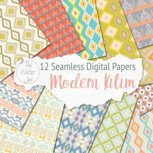 May include: A collection of 12 seamless digital papers with various geometric patterns in shades of teal, coral, yellow, and gray. The text "Modern Kilim" is displayed in a handwritten style.