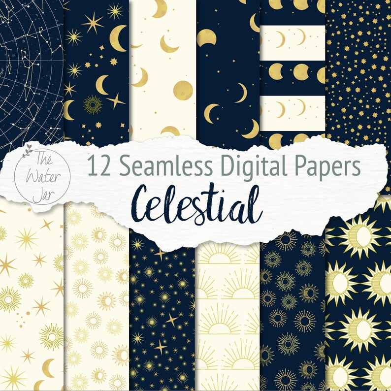 Peut inclure: Douze papiers num&eacute;riques avec des motifs c&eacute;lestes en or et bleu. Les motifs comprennent des &eacute;toiles, des lunes, des soleils et des constellations.