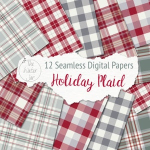 Holiday Plaid Digital Paper in Red, Green, White and Grey,  Printable Tartan Designs, Traditional Check Patterns in Christmas Colours,