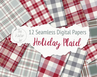 Holiday Plaid Digital Paper in Red, Green, White and Grey,  Printable Tartan Designs, Traditional Check Patterns in Christmas Colours,