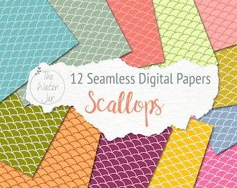 Printable Scallops & Fish Scales Design, Digital Paper Pack in Bright Colors, Dollhouse Wallpaper, Collage Scrapbooking Paper