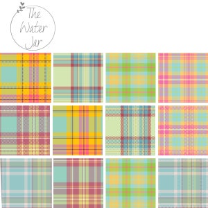 May include: Twelve different plaid patterns in a variety of pastel colors, including yellow, blue, green, pink, and gray. The patterns are arranged in a grid.