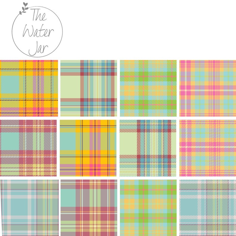 May include: Twelve different plaid patterns in a variety of pastel colors, including yellow, blue, green, pink, and gray. The patterns are arranged in a grid.
