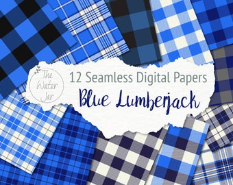 Blue Lumberjack Digital Paper, Buffalo Plaid Flannel Check, Blue, White, Black & Navy, Printable Check Designs, Gingham Checkered Prints