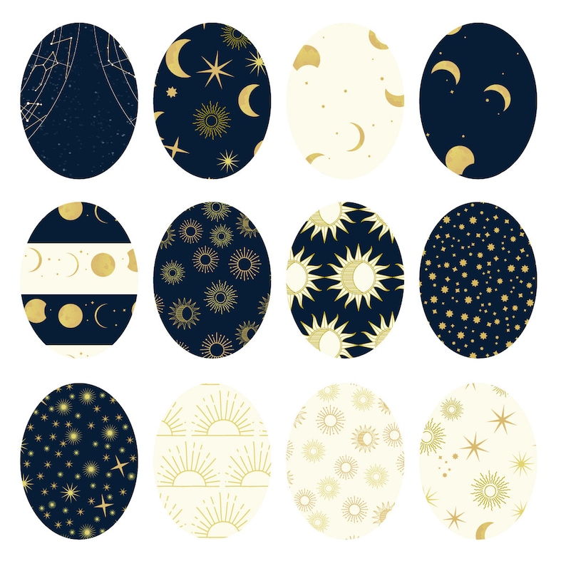 Peut inclure: Douze &oelig;ufs de P&acirc;ques illustr&eacute;s avec des motifs c&eacute;lestes. Les &oelig;ufs sont blancs et bleu marine avec des accents dor&eacute;s. Les motifs comprennent des &eacute;toiles, des lunes, des soleils et des constellations.