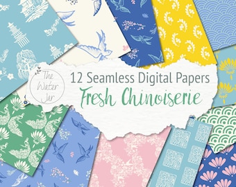 Printable Fresh Chinoiserie Digital Paper Pack, Seamless Chinioserie Prints, Chinese Pattern, Oriental Designs, Dollhouse Wallpaper