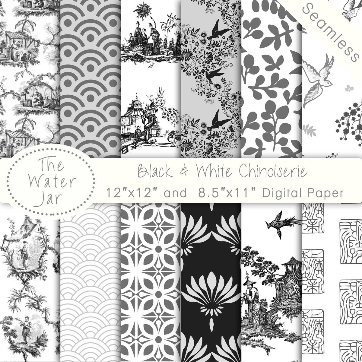 Chinoiserie China Black and White Digital Papers, Chinoiserie Scrapbook