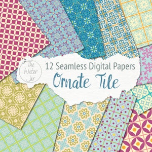 Puede incluir: Doce papeles digitales sin costuras que presentan patrones de azulejos ornamentados en una variedad de colores, incluidos el azul, el verde, el amarillo y el rosa. Los papeles son perfectos para manualidades, scrapbooking y otros proyectos creativos.