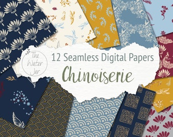 Digital Chinoiserie Wallpaper, China Pattern Digital paper pack, Commercial Use, Chinese Patterns, Seamless Designs, Dollhouse Wallpaper