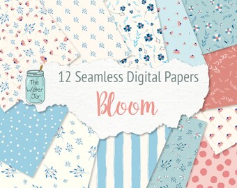 Digitaal bloemenpapierpakket met 12 naadloze patroonbehang handgetekende ontwerpen, digitale download iPhone-behang, bloemmotieven