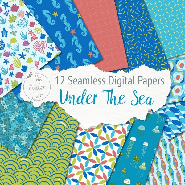 Ocean themed Digital Paper Pack, Under The Sea Printable Paper, Seamless Repeating Patterns, Digital Dollhouse Wallpaper, Boys party paper