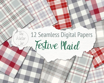 Festive Plaid Digital Paper in Red, White and Grey. Traditional Tartan Patterns, Printable Plaid Designs, Checkered Prints