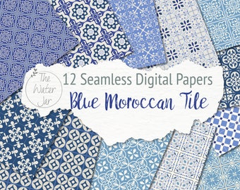 Blue Moroccan Tile Digital Paper Pack, Moroccan Pattern in Blue, Seamless Spanish Tile Designs