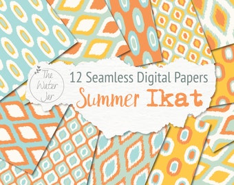 Zomer ikat digitaal papierpakket in zomerstrandkleuren blauw, oranje en geel, ikat-patroon, naadloos ikat-afdrukbaar papier, commercieel gebruik