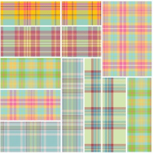 May include: A set of 12 seamless plaid patterns in various pastel colors, including pink, blue, yellow, and green. The patterns are arranged in a grid format.