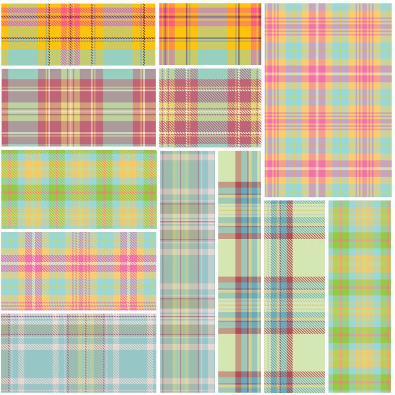 May include: A set of 12 seamless plaid patterns in various pastel colors, including pink, blue, yellow, and green. The patterns are arranged in a grid format.