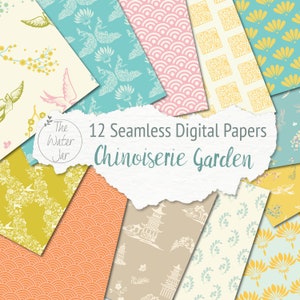 Chinoiserie Digital Paper Pack, Digital Chinoiserie Wallpaper, China Pattern Scrapbooking Paper, Oriental Designs Dollhouse Wallpaper