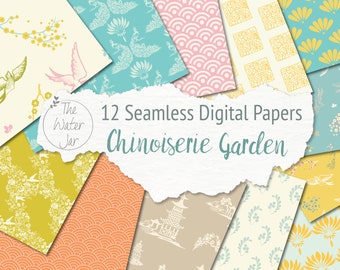 Chinoiserie Digital Paper Pack, Digital Chinoiserie Wallpaper, China Pattern Scrapbooking Paper, Oriental Designs Dollhouse Wallpaper