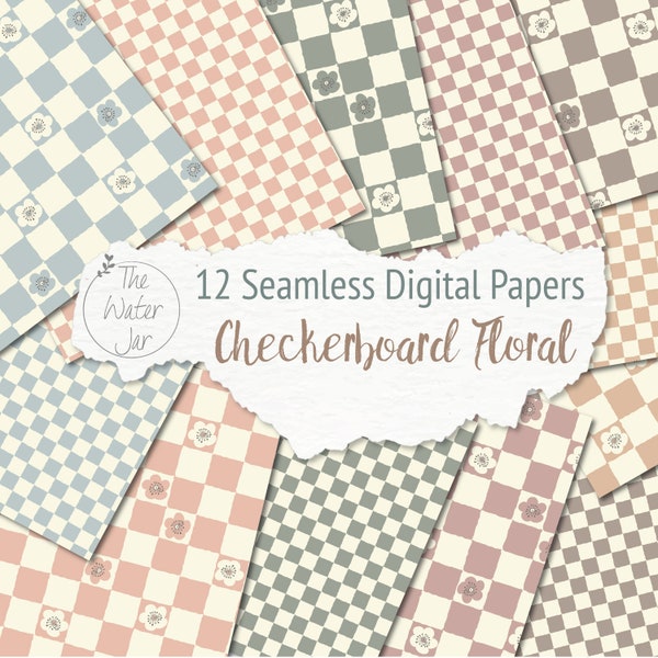Printable Checkerboard Floral Digital Paper Pack Designs, 2023 Trend Colors, Imperfect Squares Checkered digital background, Check Design