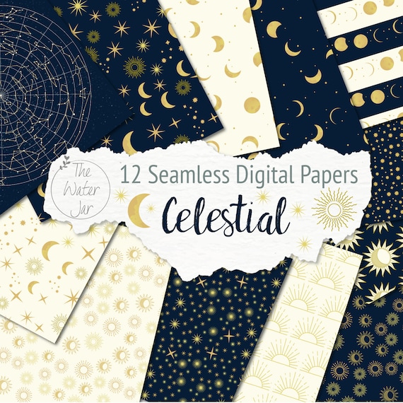 Printable Celestial Paper Pack, Sun Moon and Stars in Navy, Gold & Cream, Zoom Backgrounds, Night Sky Star Constellations, Digital Scrapbook