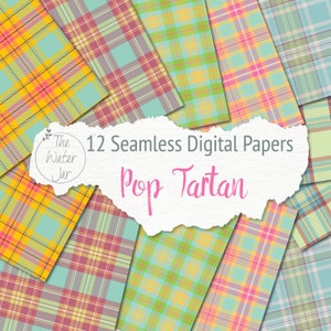 May include: Twelve digital papers featuring seamless patterns of colorful plaid designs in yellow, pink, blue, and green. The text "Pop Tartan" is written in pink on a white background.