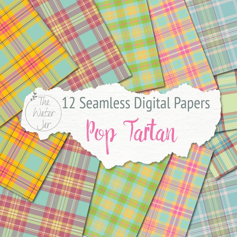 May include: Twelve digital papers featuring seamless patterns of colorful plaid designs in yellow, pink, blue, and green. The text "Pop Tartan" is written in pink on a white background.