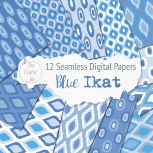 May include: Twelve digital papers featuring blue and white ikat patterns. The papers are arranged in a collage with the text "12 Seamless Digital Papers Blue Ikat" in the center.