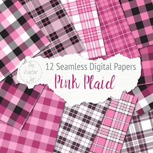 Plaid Digital Paper in Pink, Black and White, Digital Paper Pink Plaid Patterns and Backdrops, Check Designs, Pink Tartan, Checkered Prints