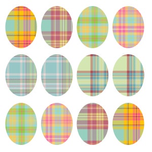 May include: Twelve colorful plaid Easter eggs with different patterns and color combinations. The eggs are arranged in three rows of four.