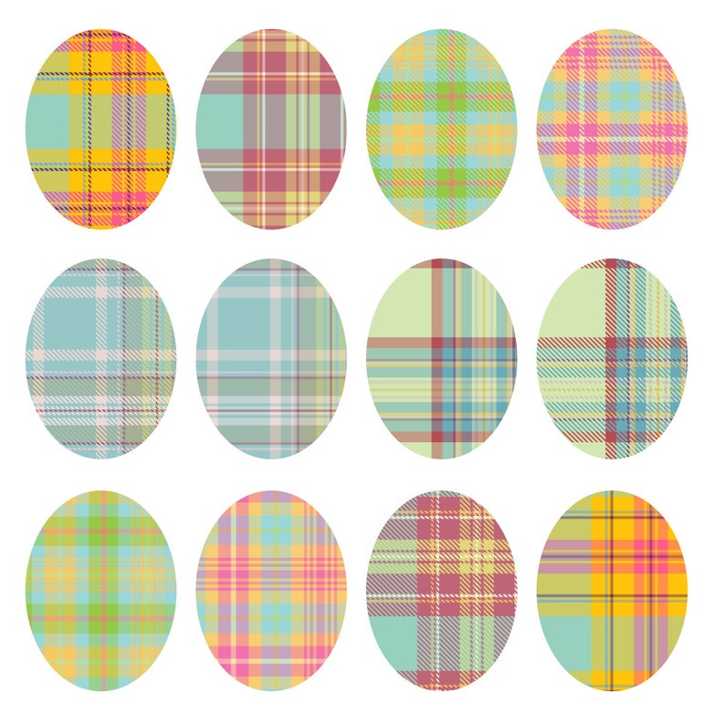 May include: Twelve colorful plaid Easter eggs with different patterns and color combinations. The eggs are arranged in three rows of four.