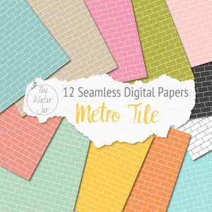 Puede incluir: Doce papeles digitales con un patrón sin costuras de azulejos blancos de metro en una variedad de fondos de colores, incluidos azul claro, beige, rosa, verde, amarillo, naranja y negro. El texto "12 Seamless Digital Papers Metro Tile" se muestra en un fondo blanco.