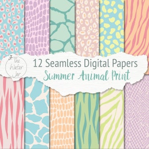 Confezione di carta digitale con stampa di animali estivi, colori pastello, carta per scrapbooking digitale, sfondo per iPhone, carta per bambini pastello per casa delle bambole