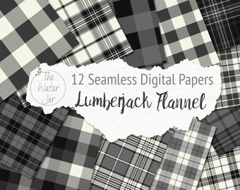 Lumberjack Digital Scrapbooking Paper, Black and White Buffalo Plaid,  Printable Flannel Gingham Check Designs, Rustic Checkered Prints