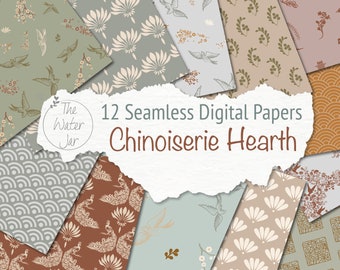 Printable Chinoiserie Designs, Neutral Earthy Colors, Seamless Prints, Brown & Green Chinese Patterns, Oriental Fabric Designs