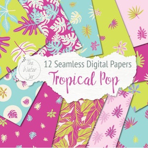 Printable Pink Tropical Digital Paper Pack, Bright Summer Tropical Leaf Patterns, Modern Wallpaper, Designer Scrapbook Paper,