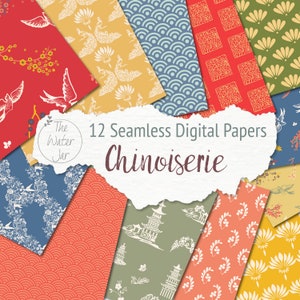 Può includere: Dodici carte digitali con un tema chinoiserie. Le carte presentano vari motivi, tra cui disegni floreali, geometrici e di pagoda in tonalità di rosso, blu, verde, giallo e bianco.