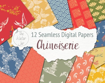 Printable Chinoiserie Designs, Seamless Chinioserie Prints, Chinese Patterns Digital paper pack, China Patterns Dollhouse Wallpaper