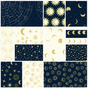 Peut inclure: Un ensemble de 12 motifs sans couture num&eacute;riques mettant en sc&egrave;ne des motifs c&eacute;lestes en or et bleu marine. Les motifs comprennent des soleils, des lunes, des &eacute;toiles et des constellations.