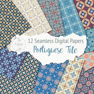 Digitale Portugese tegels, digitaal papierpakket, Marokkaans en Noord-Afrikaans ontwerppatroon in blauw, naadloze Spaanse tegelontwerpen, commercieel gebruik