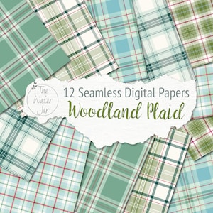 Pode incluir: Doze papéis digitais com padrões de xadrez de floresta sem costura em tons de verde, azul e branco. Os papéis são organizados em uma colagem com uma borda de papel rasgada e o texto "12 Seamless Digital Papers Woodland Plaid".