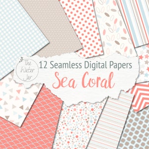 Printable Paper, Digital Paper Pack in Coral and Blue, Seamless Designs for Scrapbooking or Digital Background, Dollhouse Wallpaper
