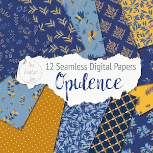 Könnte beinhalten: Zwölf digitale Papierdesigns in Blau und Gold mit verschiedenen floralen und geometrischen Mustern. Der Text "12 Seamless Digital Papers Opulence" wird auf weißem Hintergrund angezeigt.