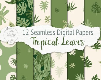 Tropical Leaves Digital Paper Pack, Green Jungle Foliage Printable Paper, Exotic Dollhouse Wallpaper, Scrapbooking Designs, Leaf Backgrounds